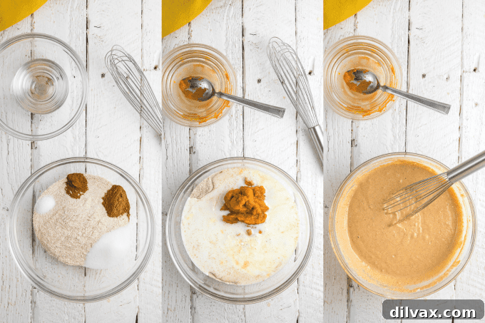 Hearty Pumpkin Wheat Stack 5 Step-by-step process photos showing dry and wet ingredients being mixed for whole wheat pumpkin pancakes.