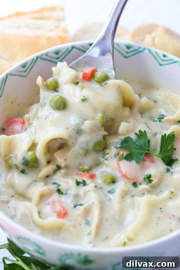 A spoonful of creamy homemade chicken noodle soup being lifted from the bowl, showing the rich broth, chicken, noodles, peas, and carrots.