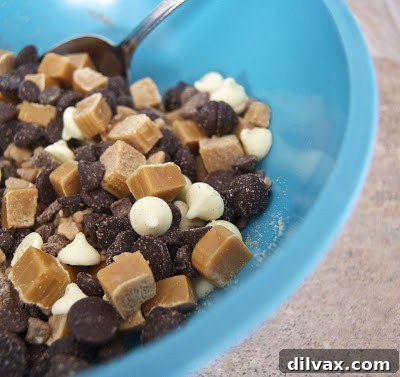 Decadent Chocolate Caramel Toffee Cookies 3 Close-up of a Triple Chocolate Toffee Caramel Cookie, showing its chewy texture and chocolate chunks.