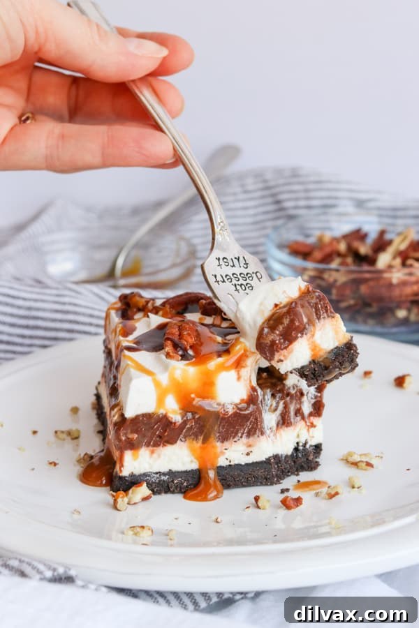 A bite of No Bake Turtle Dream Bars.