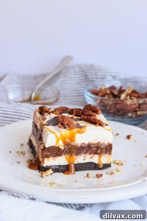 Caramel Sauce, Chocolate sauce and pecans on top of No Bake Turtle Dream Bars.