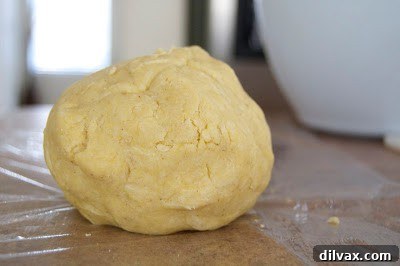 Galette dough skillfully formed into a compact ball and securely wrapped in plastic, prepared for its essential chilling phase.