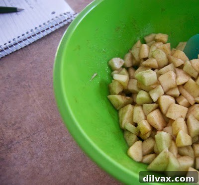 Diced apples mixed with sugar, cinnamon, and fresh lemon juice in a bowl, ready for the galette filling.
