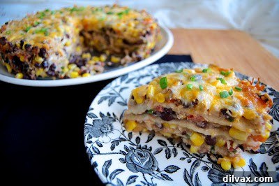 Another appetizing view of the golden and bubbly Chicken, Black Bean and Tortilla Pie fresh from the oven.