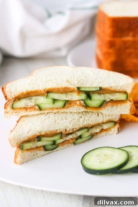 Nutty Cucumber Crunch 3 A close-up of a perfectly assembled Peanut Butter Cucumber Sandwich, showcasing the layers of creamy spread and fresh green slices.