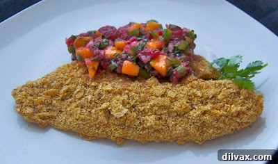 Tacoed Tilapia with Raspberry Mango Salsa Crispy Tacoed Tilapia served with a colorful Raspberry Mango Salsa on a white plate, garnished with fresh cilantro.