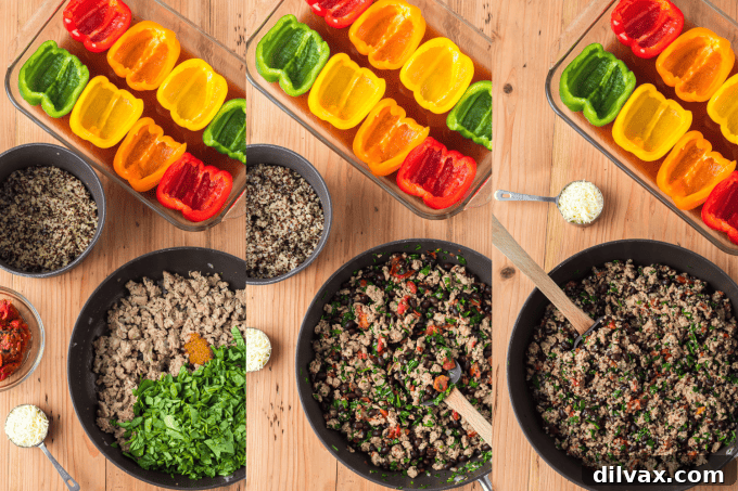 Step-by-step process photos showing the preparation of Quinoa, Black Bean and Turkey Stuffed Peppers.