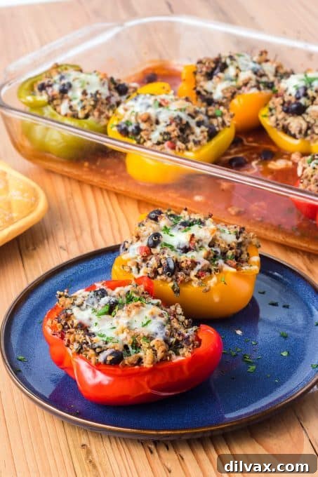 A selection of delicious peppers stuffed with quinoa, turkey and black beans, served on a platter.