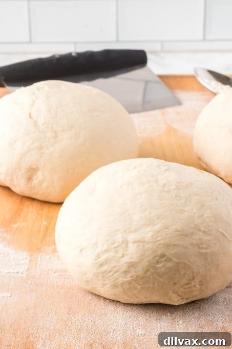Pizzeria-Quality Pizza Dough At Home 3 Homemade Pizza Dough - THREE medium pizzas from one recipe. Close-up of a rustic pizza dough ball.