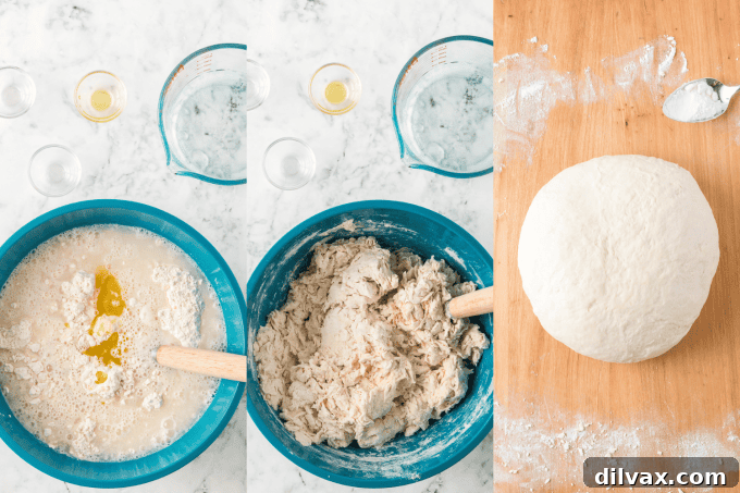 Pizzeria-Quality Pizza Dough At Home 6 First set of process photos for making Homemade Pizza Dough. Images showing flour, salt, yeast, water, and olive oil being combined in a bowl.