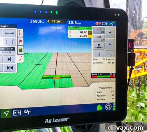 A farming equipment monitor A modern farming equipment monitor displaying data for precision agriculture.