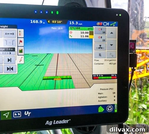 A modern farming equipment monitor A farming equipment monitor displaying data for precision agriculture.
