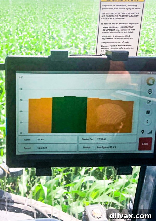 A harvest monitor. A detailed monitor screen displaying real-time harvest data and field analytics.