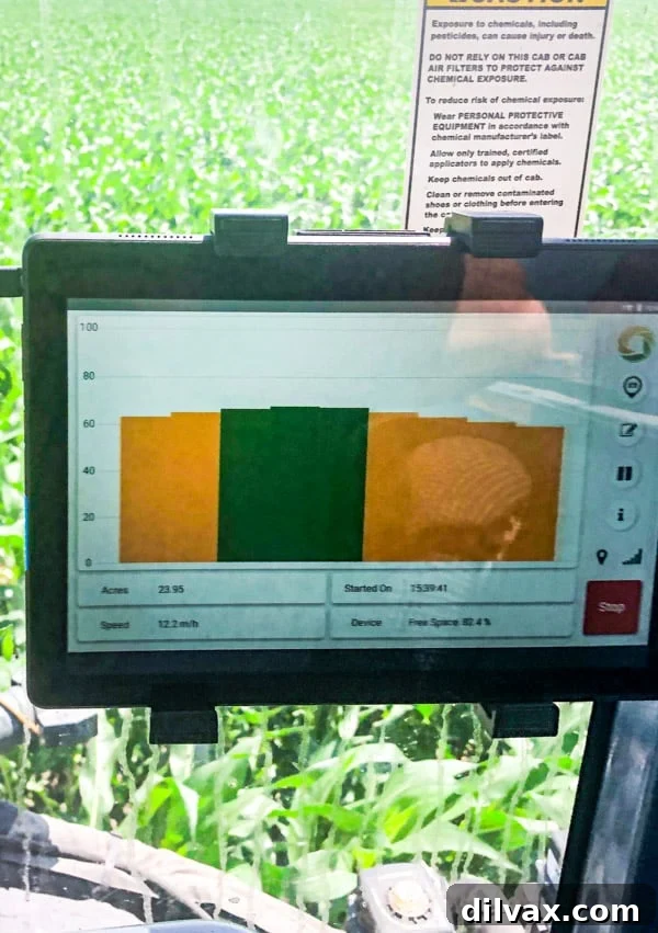 A harvest monitor. A digital monitor displaying harvest data in a modern farming machine, illustrating precision agriculture.