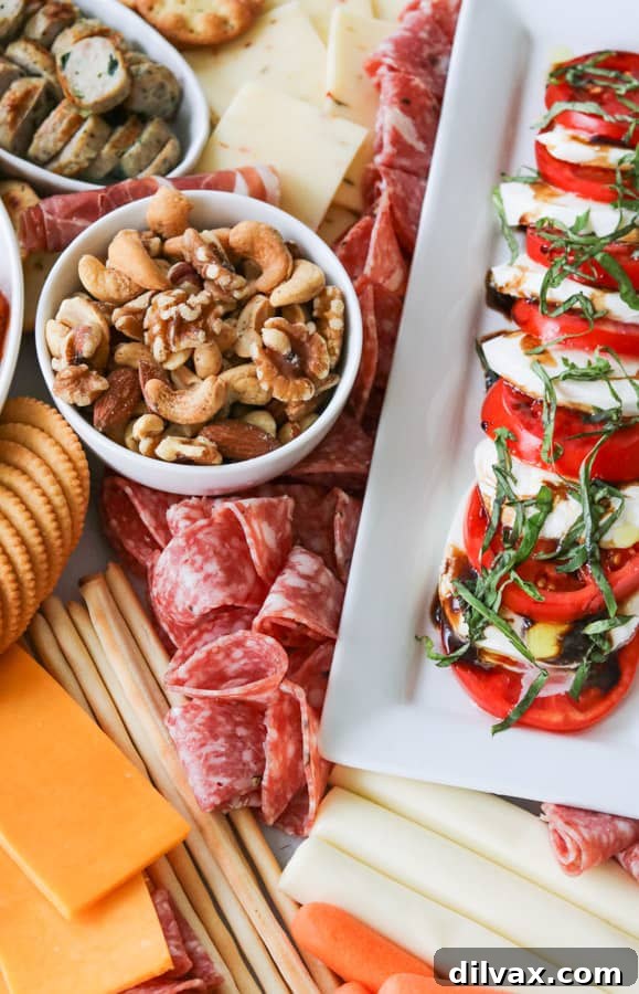 The Art of Building a Charcuterie Board 8 Nuts, crackers, cheese, salame, caprese.