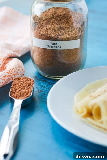 DIY Taco Spice Blend 6 A close-up shot of a tablespoon overflowing with vibrant, homemade taco seasoning, ready to be added to a dish.