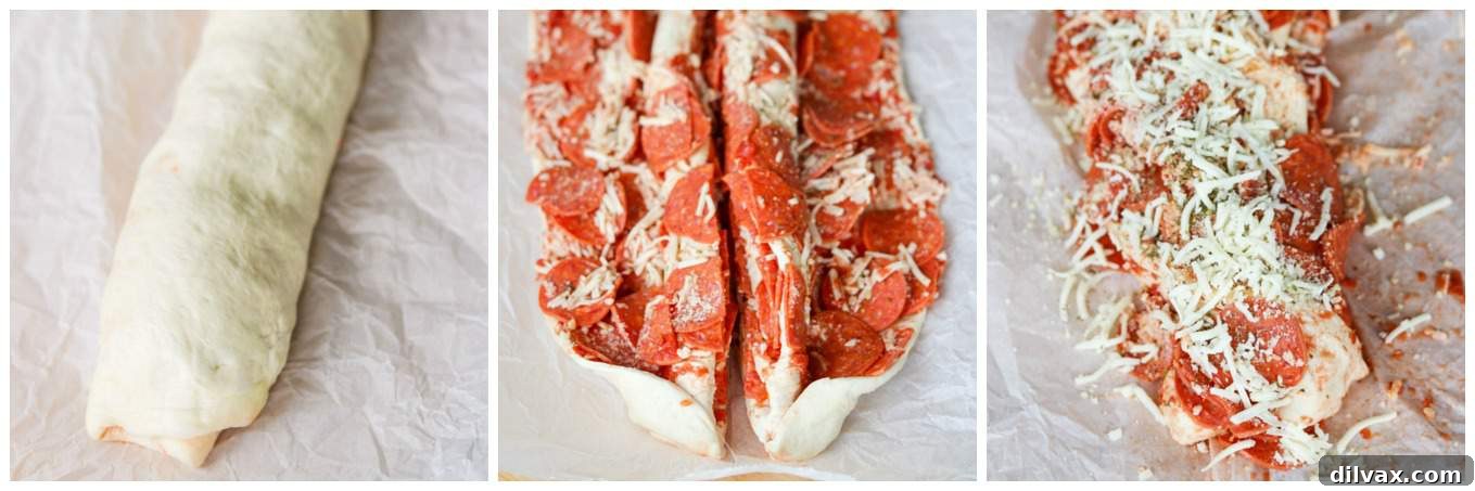 A visual guide showing the steps to prepare and twist the Double Pepperoni Bread, from rolling to braiding.