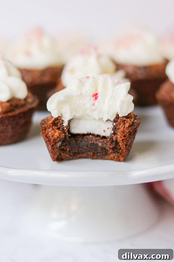 A peppermint brownie bite with a corner bitten off, revealing the mini peppermint patty inside.