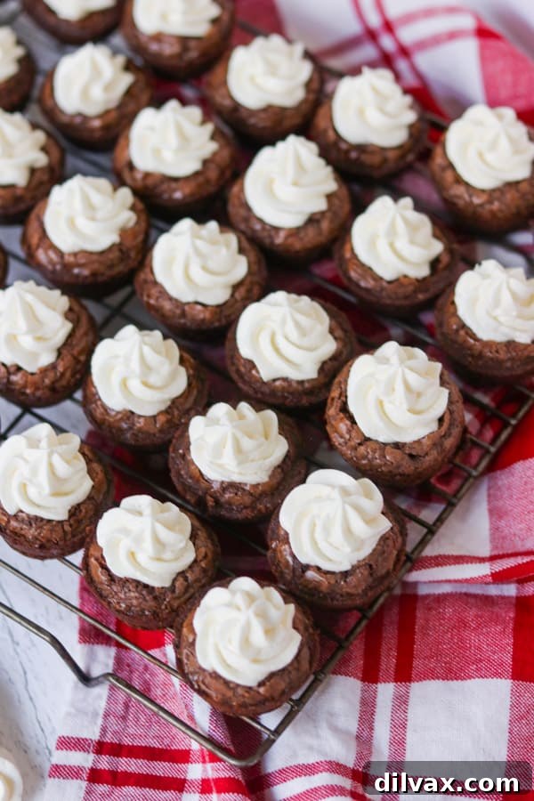 A cooling rack filled with freshly frosted peppermint brownie bites, ready to be served.