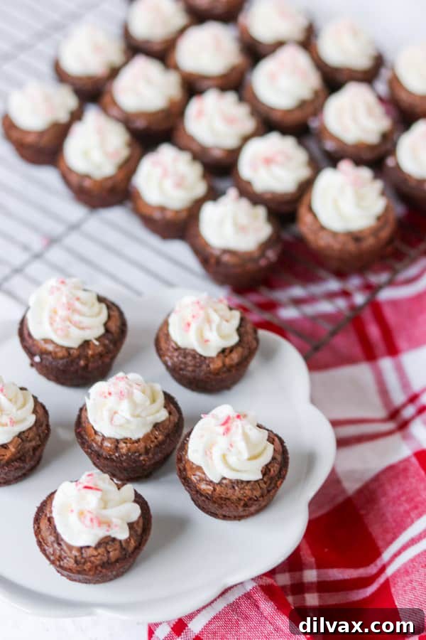 Frosted peppermint brownie bites adorned with crushed candy canes on a white plate.