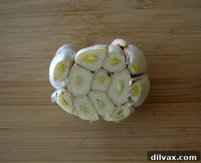 Trimmed garlic head ready for roasting