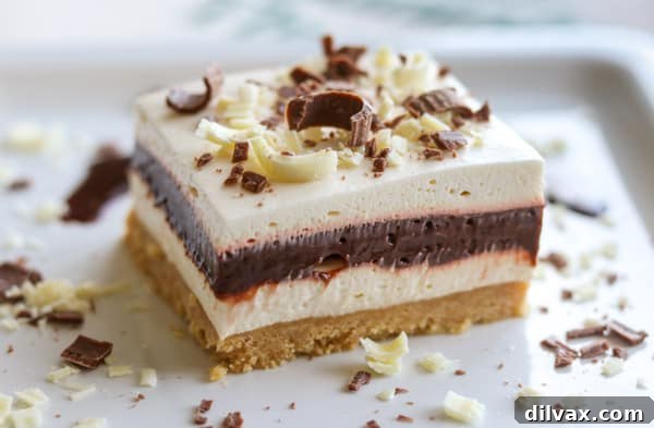 A easy layered Irish Cream Dream Bars dessert. Layers of cookie crust, Irish cream cheesecake, chocolate pudding and whipped cream. A perfect no-bake dessert recipe.