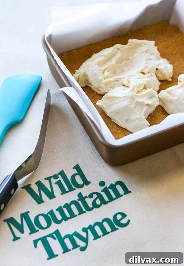 Spreading the cheesecake layer over a cookie crust. Making a dessert to eat while watching the movie WILD MOUNTAIN THYME On Demand December 11, 2020.