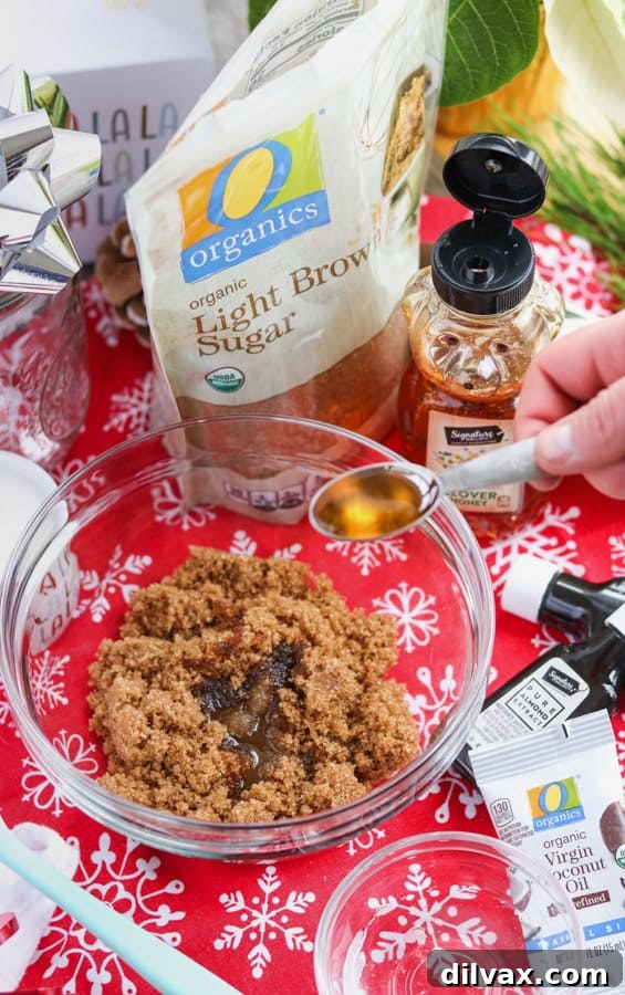 Adding honey to a brown sugar exfoliator to make a homemade gift.