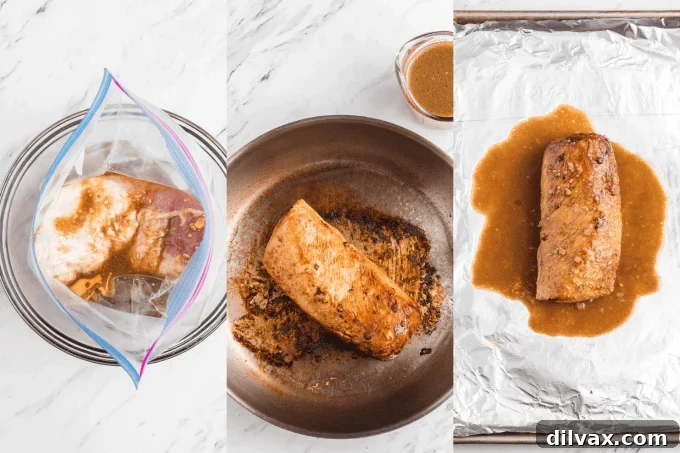 Process photos for Jack Daniel's Pork Tenderloin, showing marinating, searing, and roasting stages