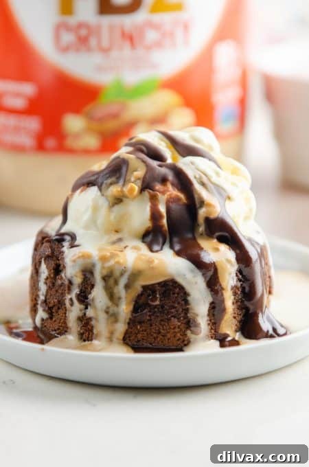 Ultimate Peanut Butter Chocolate Molten Cakes 4 A beautifully plated Peanut Butter Chocolate Lava Cake served with a scoop of vanilla ice cream, artfully drizzled with peanut butter sauce and chocolate syrup.