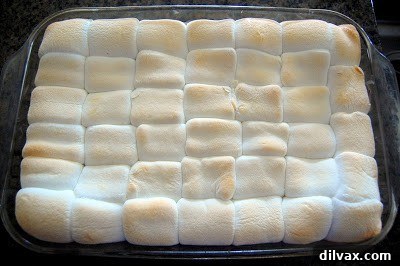 Slightly browned marshmallows on S'Mores Rice Krispie Treats after baking