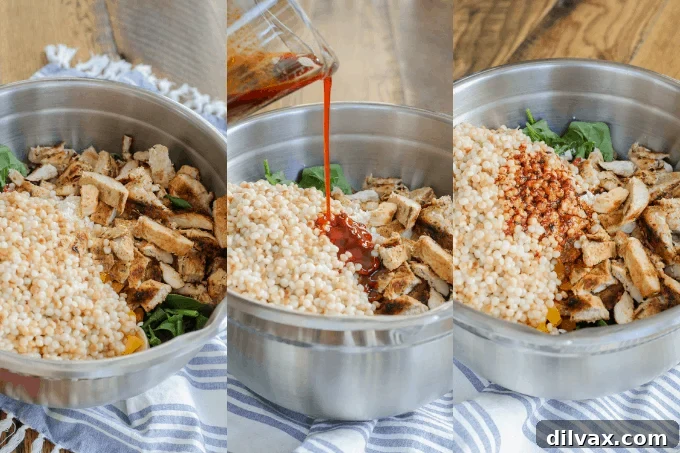 Process of making Couscous Chicken Salad, showing ingredients being combined.