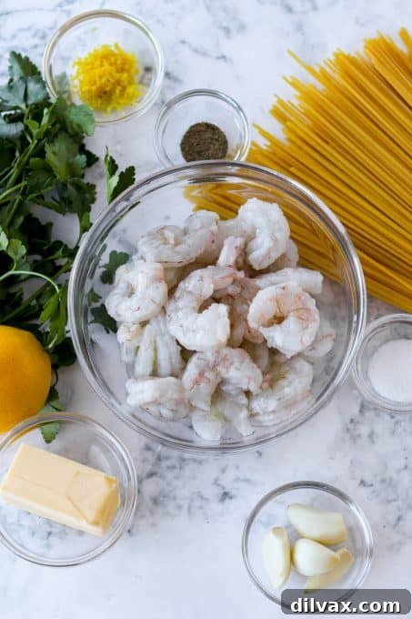 Ingredients for Shrimp Pasta. Various ingredients for making Lemon Garlic Shrimp Pasta laid out on a table, including shrimp, lemon, garlic, pasta, and herbs.