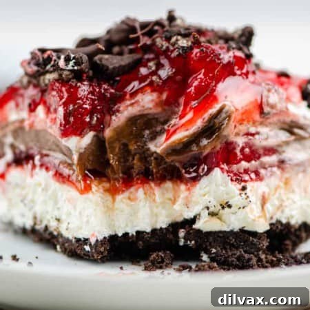 Layers of chocolate and strawberries in a no bake dessert.