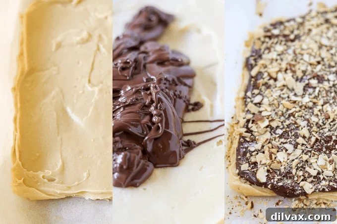 Three images showing the progression of making condensed milk toffee: liquid mixture, thickening mixture, and finally spread on parchment with chocolate and almonds.