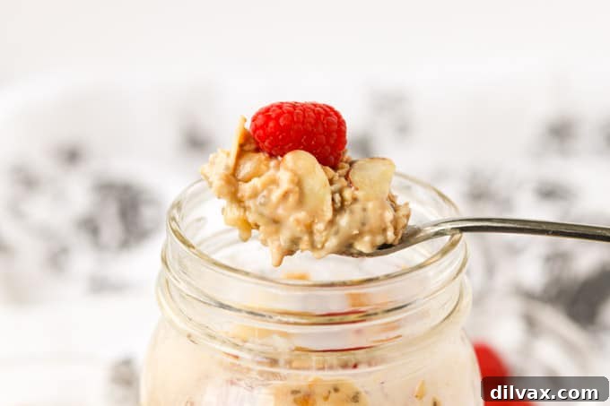 A vibrant bowl of Almond Banana Overnight Oats topped with fresh raspberries, showcasing a healthy and appealing breakfast.