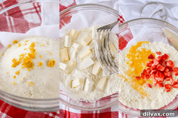 A step-by-step visual guide showing the process of making strawberry scones, from combining dry ingredients to adding wet ingredients and folding in fruit.