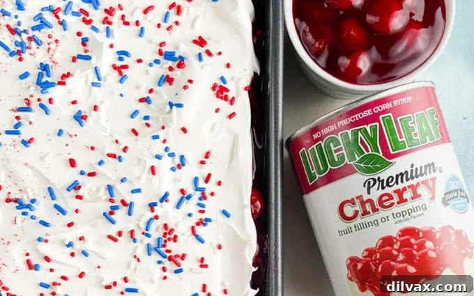 Top of a cake with red, white, and blue sprinkles, ready for a patriotic celebration.