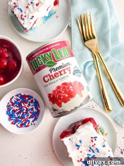 Close-up of Lucky Leaf Premium Cherry Fruit Filling or Topping, a key ingredient for a vibrant cherry layer.