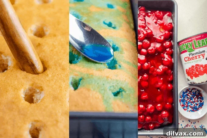 A step-by-step visual guide showing the process of making a Patriotic Poke Cake, from batter to finished product.
