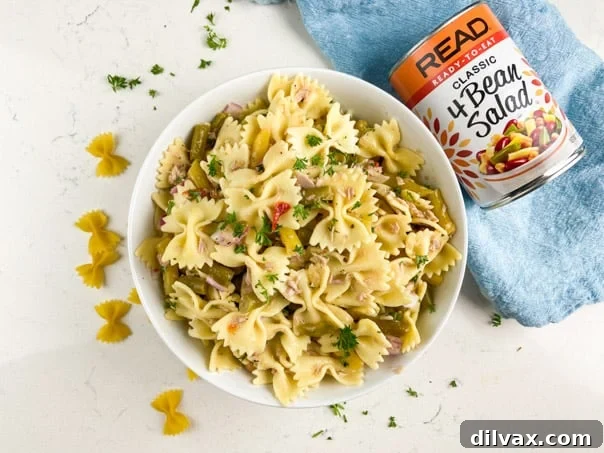 Savory Tuna & Four-Bean Pasta Medley 2 Easy pasta salad made with 4-bean salad, pasta, tuna, red onion, and parsley.
