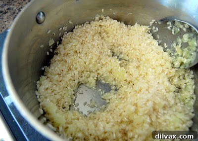 Close-up of a creamy vegetable risotto in a pan
