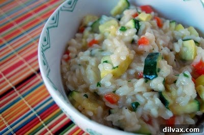 A bowl of freshly made summer vegetable risotto ready to be served