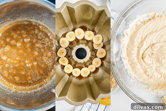 Collage of process steps for making Peanut Butter Upside Down Banana Cake, showing ingredients, mixing, and layering.