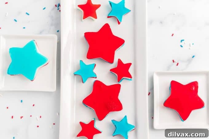 Red, White, and Blue Jello Stars, a festive dessert for patriotic holidays.