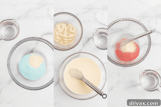 Making the gelatins for Red, White, and Blue Jello Stars, showing ingredients.