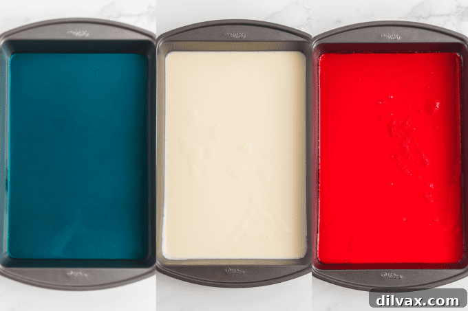 Layering the gelatin for Red, White, and Blue Jello Stars, showing distinct layers.