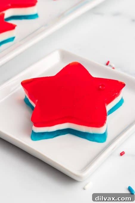A star made of red, white, and blue jello, close-up.