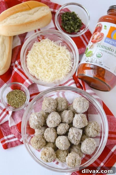 No-Fuss Meatball Sub Perfection 4 Ingredients laid out for easy meatball sandwiches