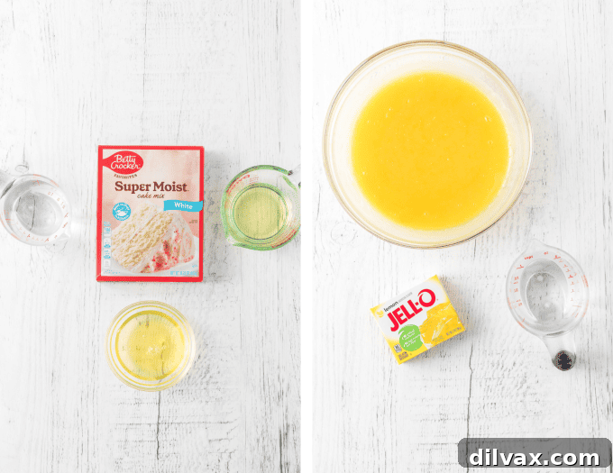 Key ingredients laid out for making Lemon Poke Cake.